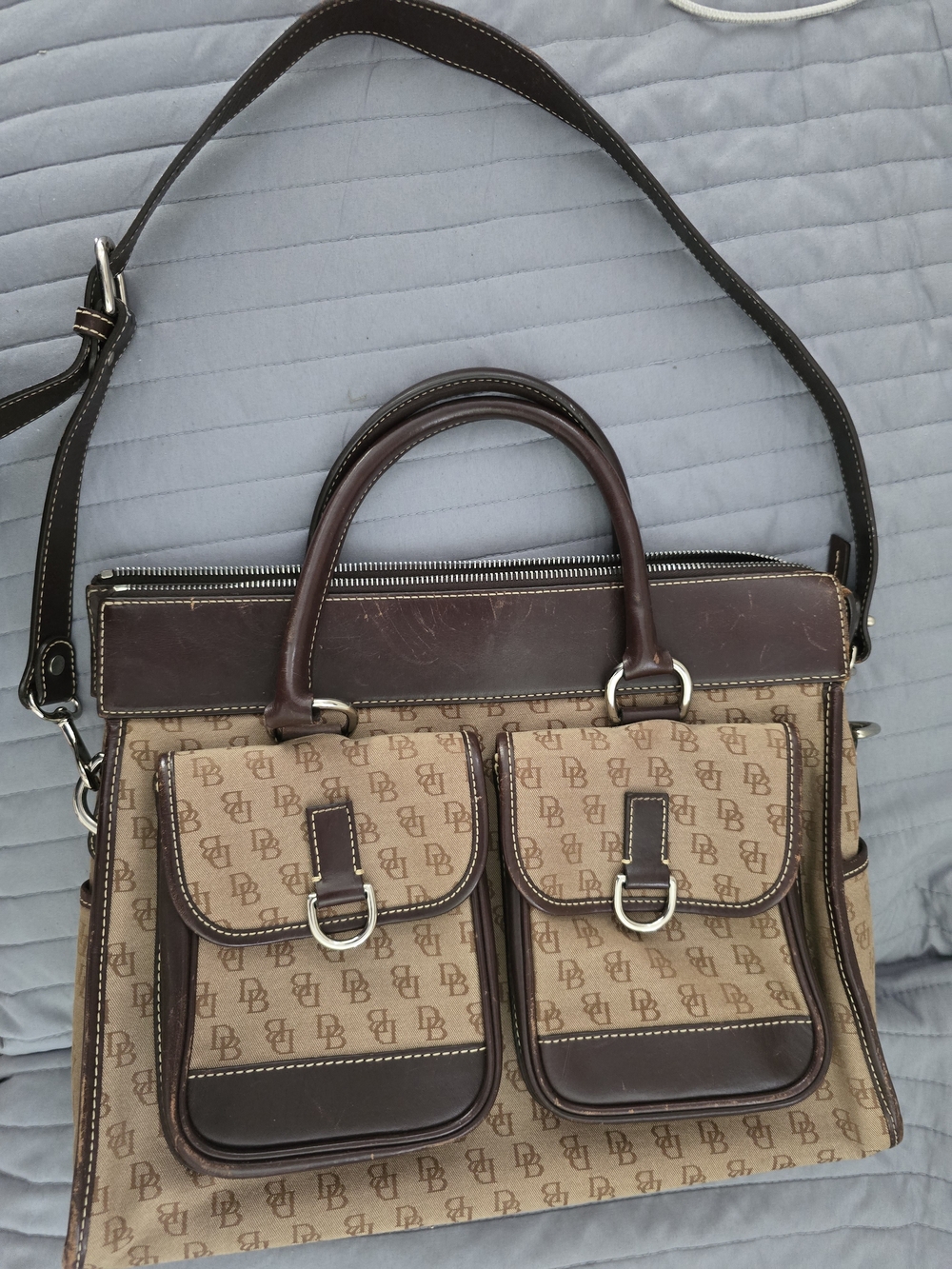 Dooney & Bourke Brown Monogram Messenger Bag with Dark Brown Trim